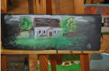 Klimatyczny obraz  przedstawiajacy stara chatke